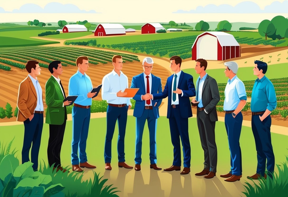 A group of agricultural experts discussing real estate investment steps in a rural setting with farmland and agricultural properties in the background