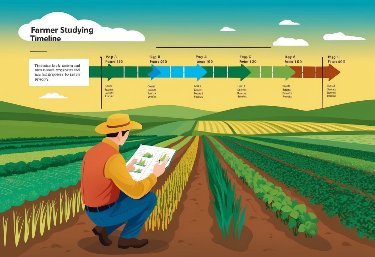 A farmer studying a timeline of crop rotations and land use patterns on a farm property