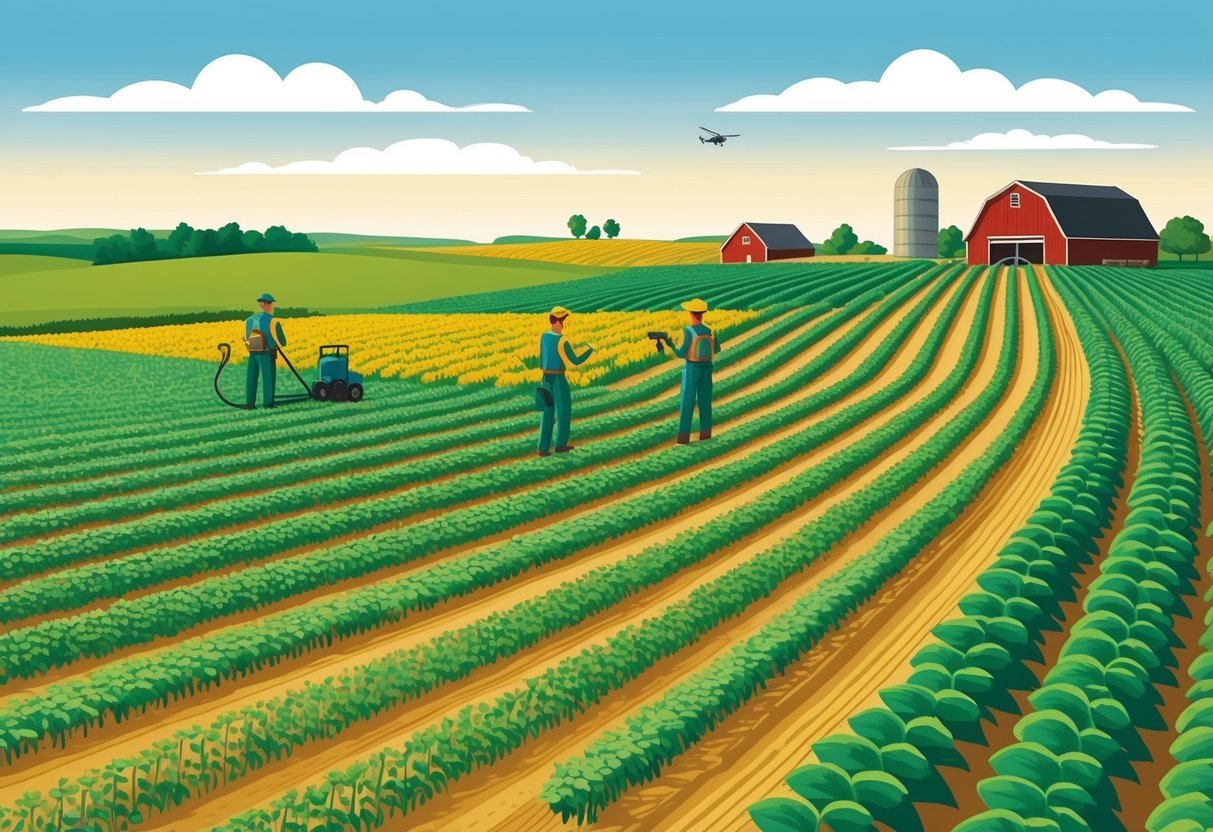 A vast agricultural landscape with rows of crops, a barn, and a farmhouse in the distance.</p><p>A pest management team is inspecting the fields