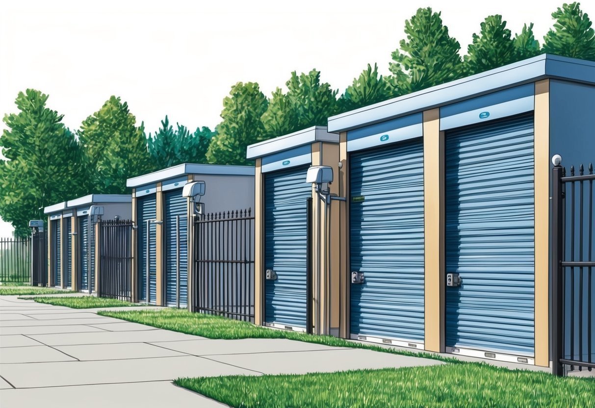 Illustration of a row of blue storage units with fences and trees