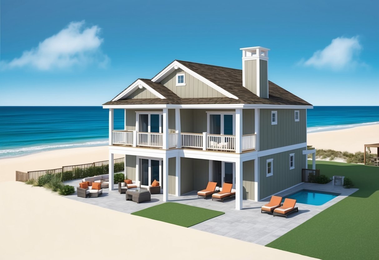 Two-story beach house with a pool, patio furniture, and ocean view