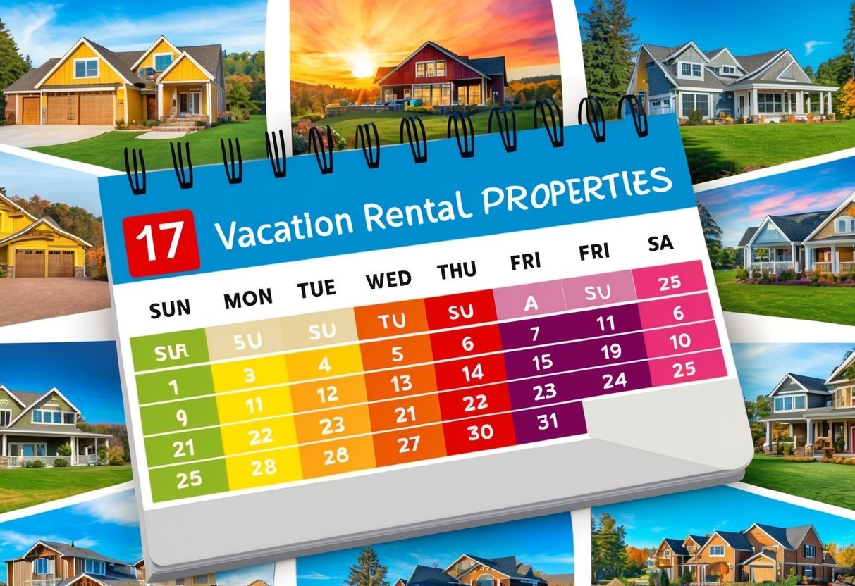 A vibrant, colorful calendar with various dates highlighted and labeled, surrounded by images of vacation rental properties in different seasonal settings