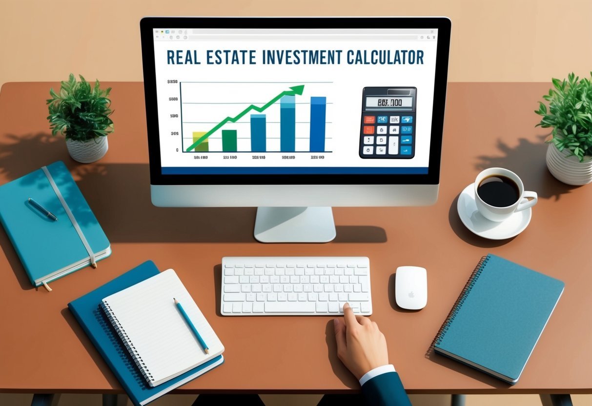 A desk with a computer displaying real estate investment calculators, surrounded by notebooks and a cup of coffee