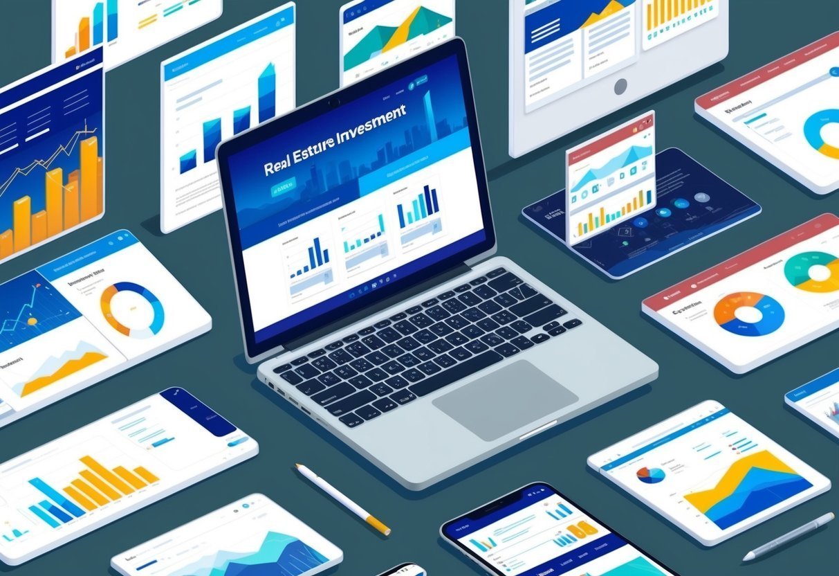 Laptop surrounded by digital devices displaying financial charts and graphs