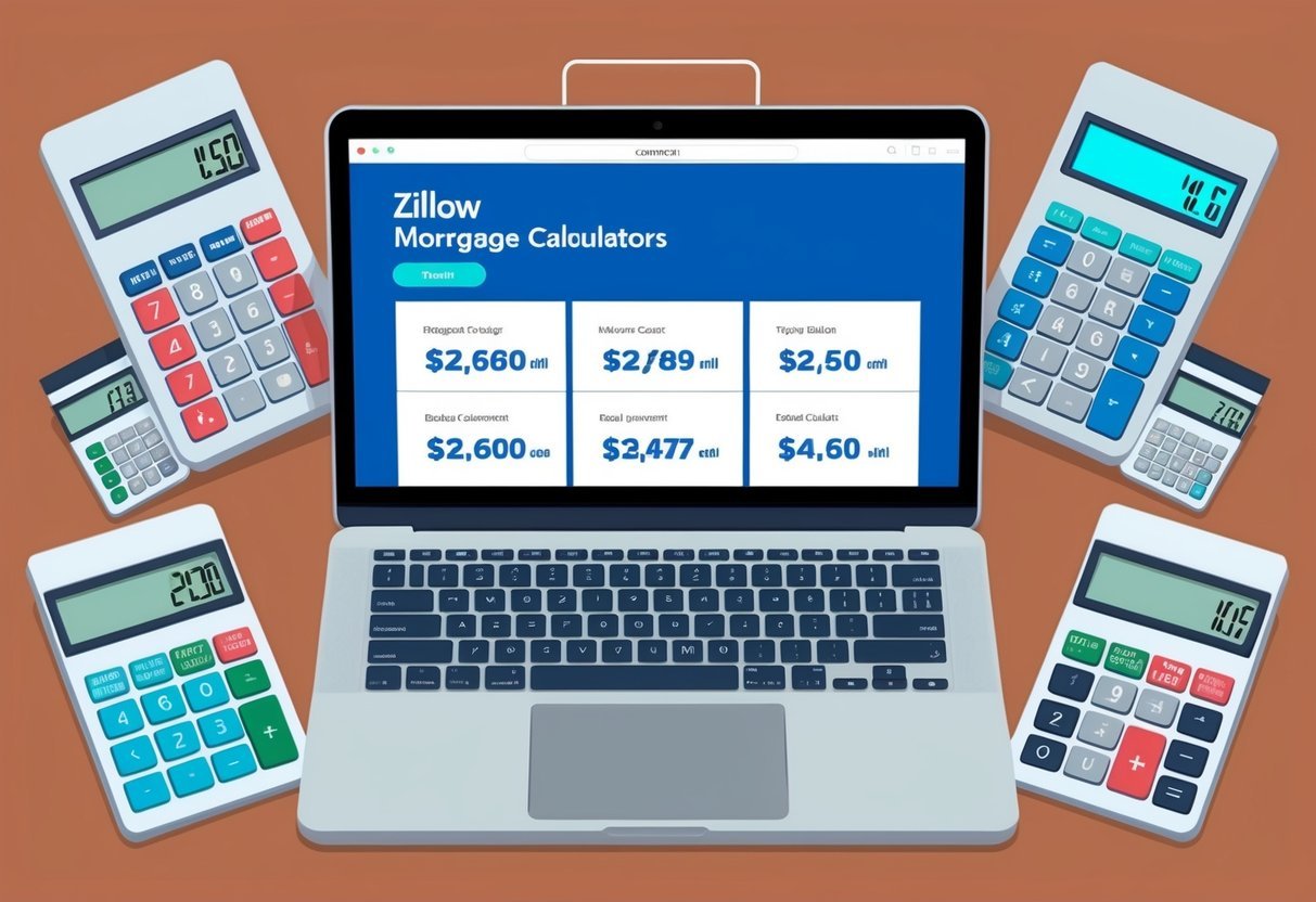 A laptop open to Zillow's mortgage calculators, surrounded by real estate investment calculators