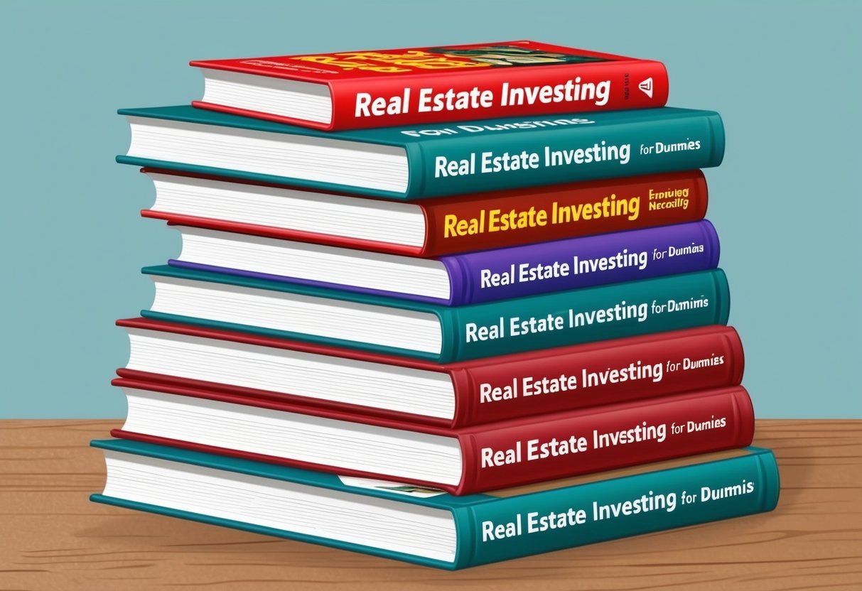 A stack of 7 real estate investment books with "Real Estate Investing for Dummies" prominently displayed on top