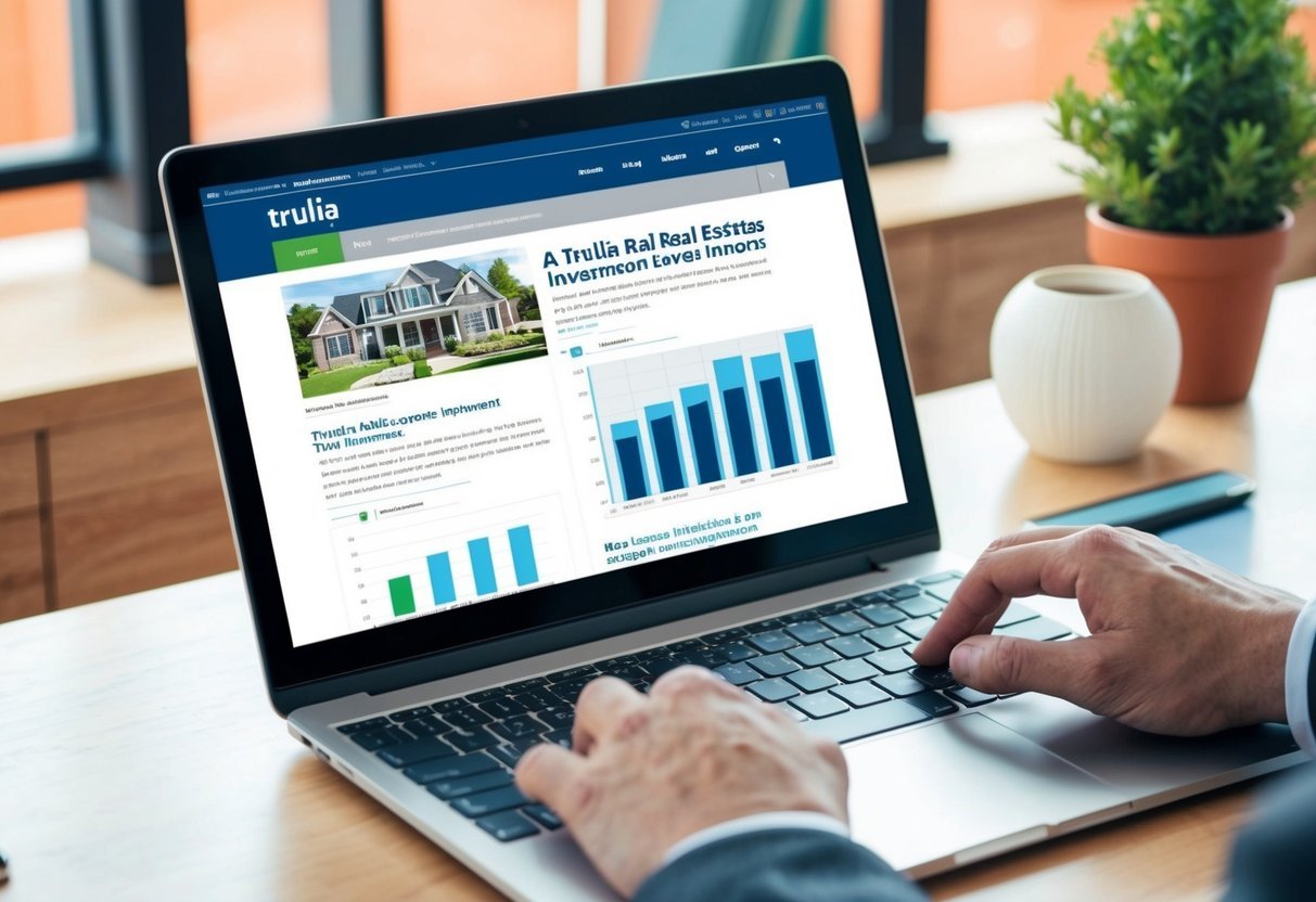 A laptop displaying Trulia website with real estate investment articles and graphs