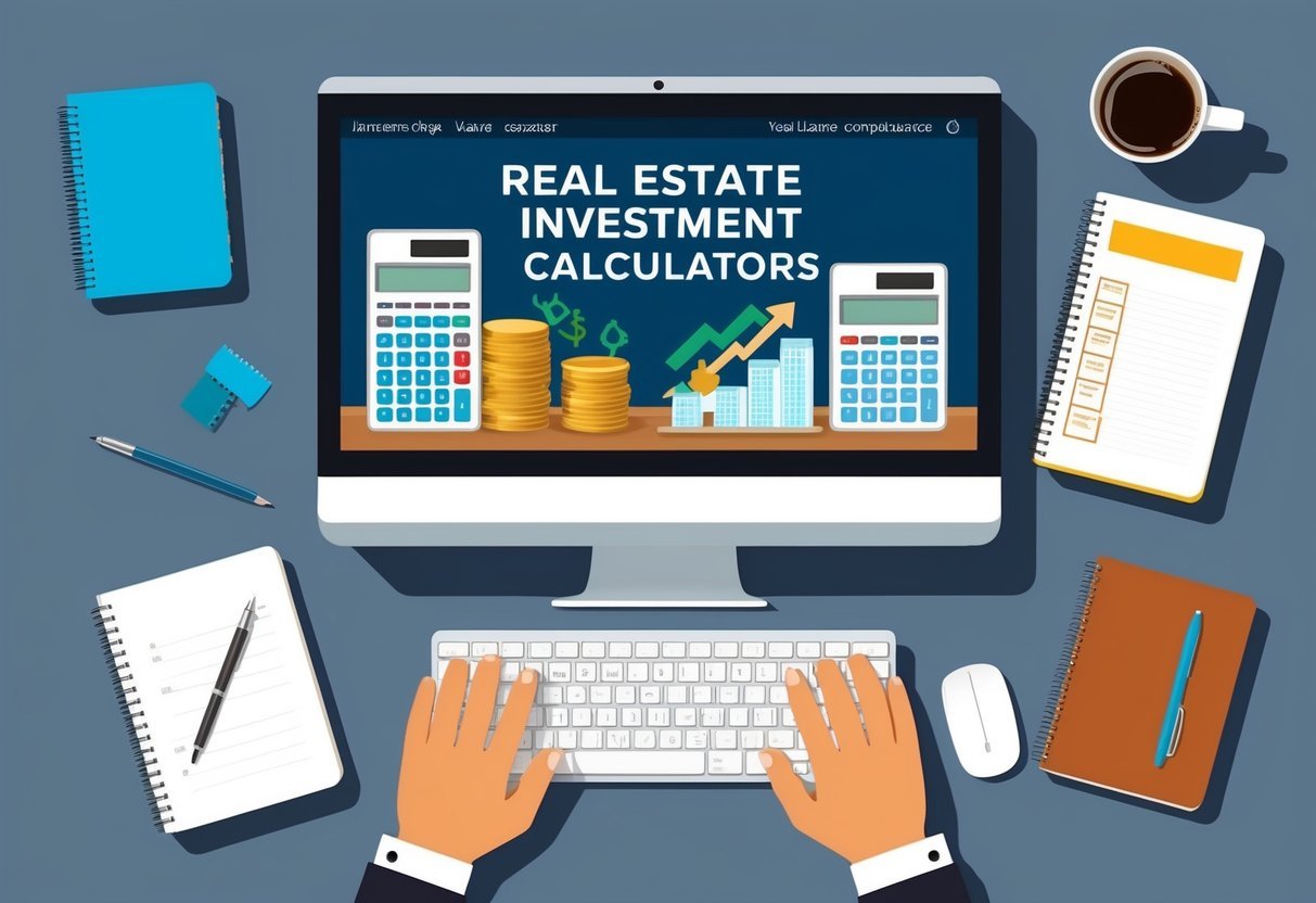 A desk with a computer showing real estate investment calculators, surrounded by notebooks, pens, and a cup of coffee
