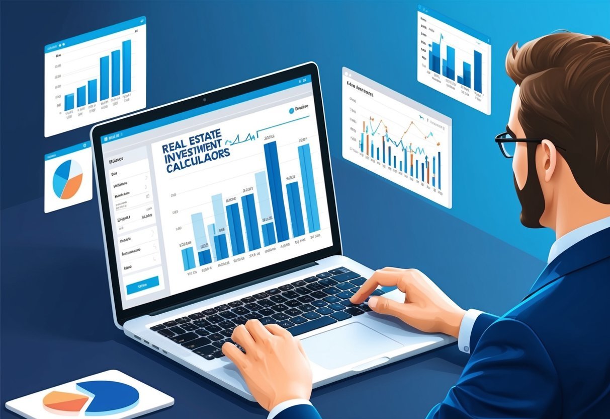 A person using a laptop to input data into real estate investment calculators, with various charts and graphs displayed on the screen