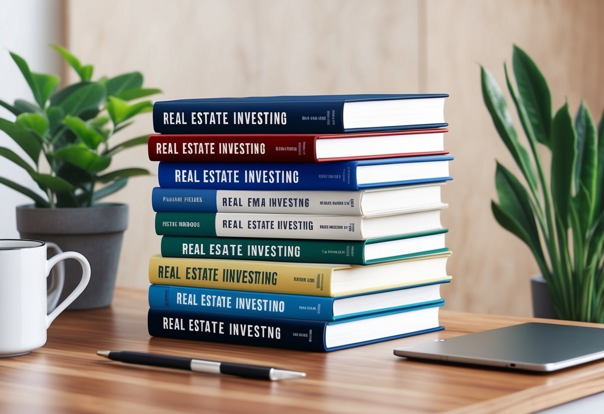 A stack of seven real estate investing books arranged in a neat row on a wooden desk, with a plant and a mug of coffee nearby