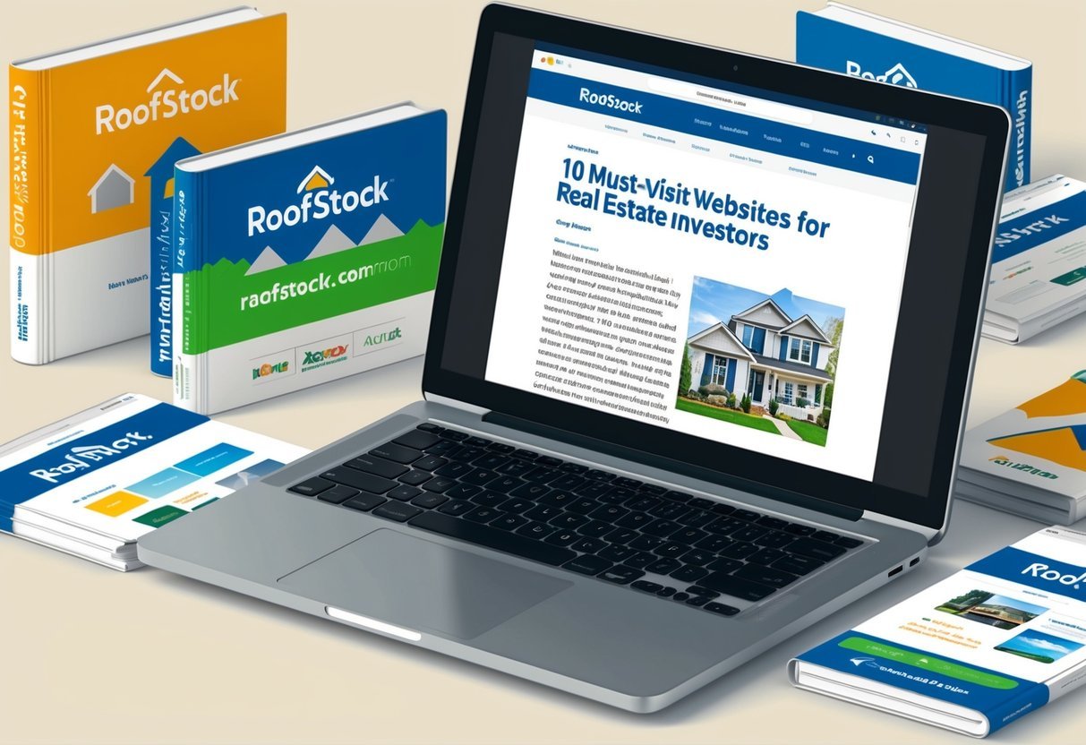 A laptop surrounded by real estate investment websites, with a "Roofstock 10 Must-Visit Websites for Real Estate Investors" article open on the screen