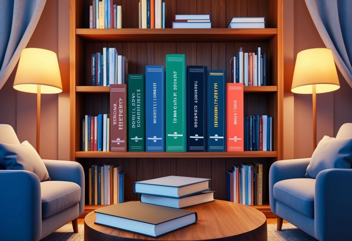 A cozy home library with seven essential real estate investment books neatly arranged on a wooden bookshelf, surrounded by comfortable seating and warm lighting