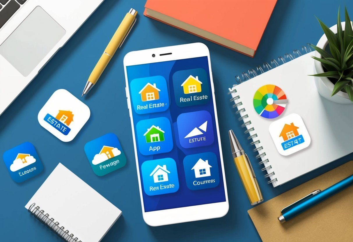 Smartphone screen with real estate app icons, surrounded by office supplies