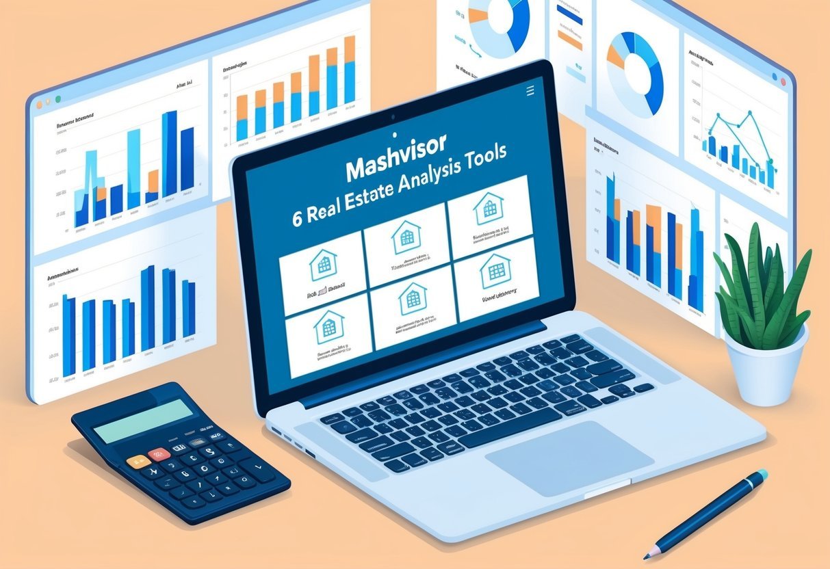 A laptop displaying Mashvisor's 6 real estate analysis tools, surrounded by charts and graphs, with a calculator and pen nearby