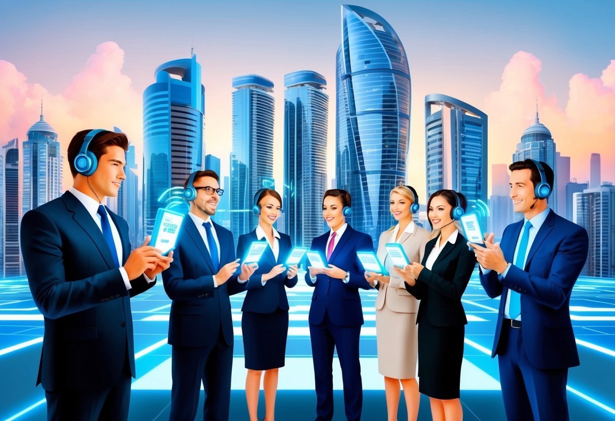 Business people with headsets and phones in front of a cityscape