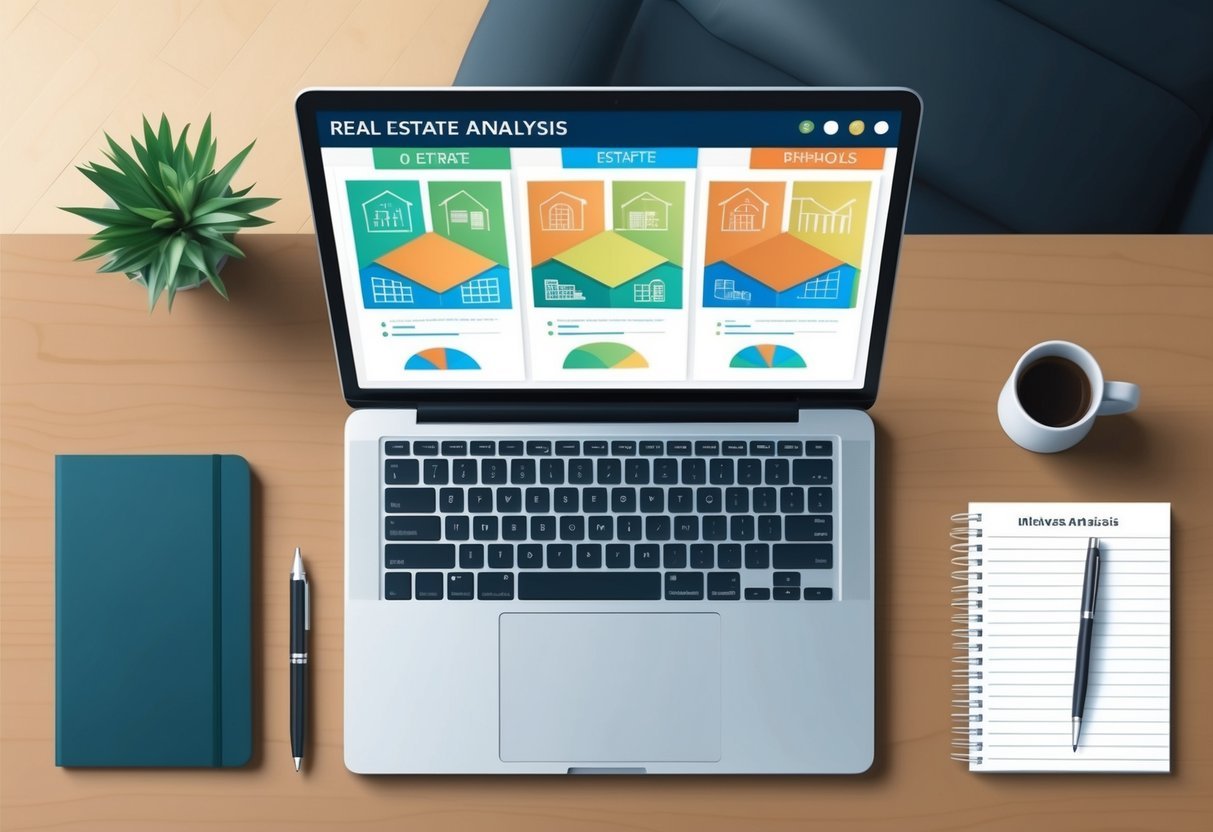 A laptop displaying six real estate analysis tools on a desk with a pen and notebook