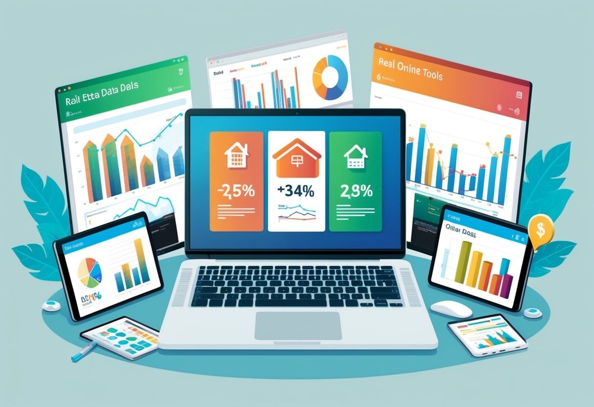 A laptop surrounded by real estate data charts and graphs, with six online tools displayed on the screen for analyzing real estate deals