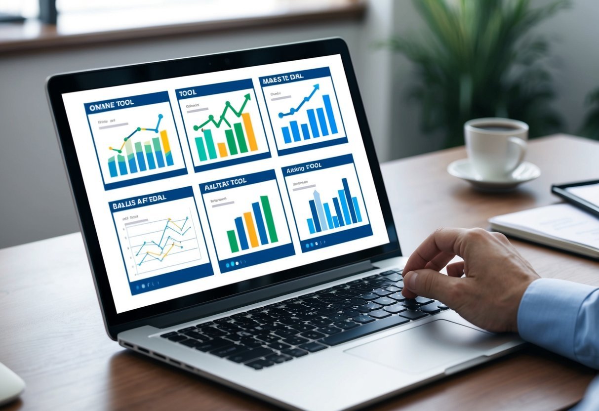 A laptop open on a desk, displaying six different online tools for analyzing real estate deals.</p><p>Graphs and charts are visible on the screen