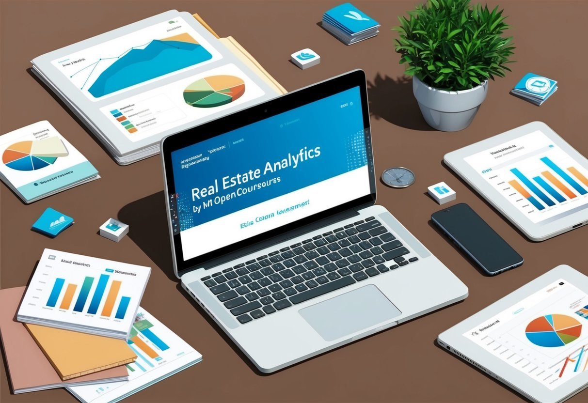 A laptop displaying Real Estate Analytics by MIT OpenCourseWare, surrounded by real estate investment materials