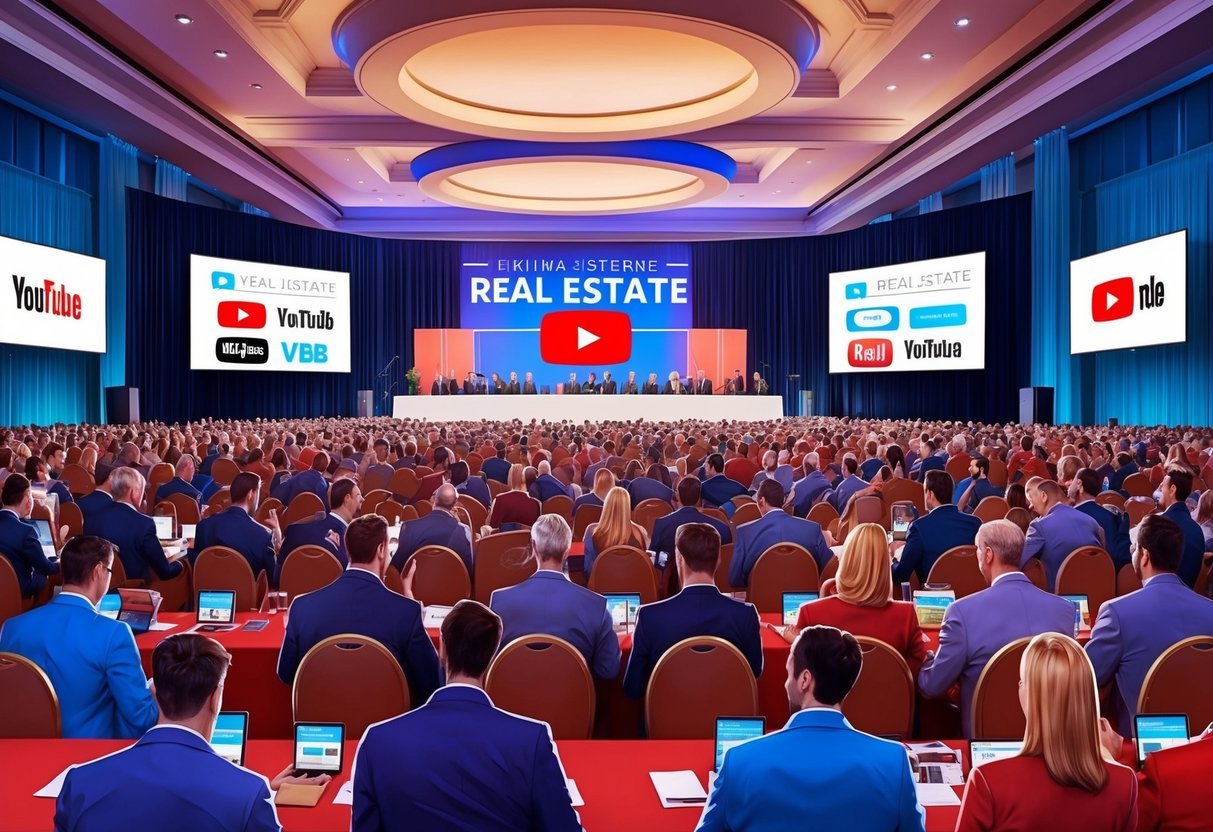 A bustling real estate conference with screens showing various YouTube channels