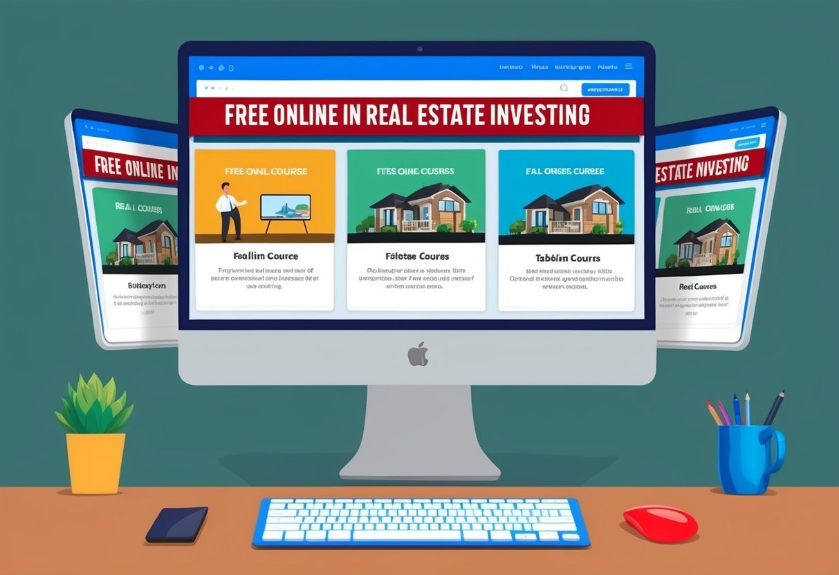 A computer with five open tabs displaying free online courses on real estate investing