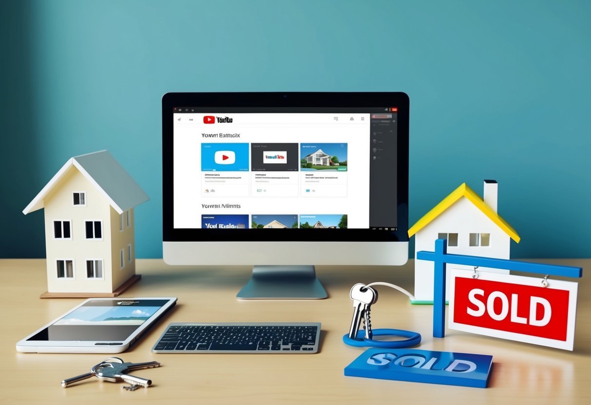 A desk with a computer showing YouTube channels, surrounded by real estate-related items like a house model, keys, and a sold sign