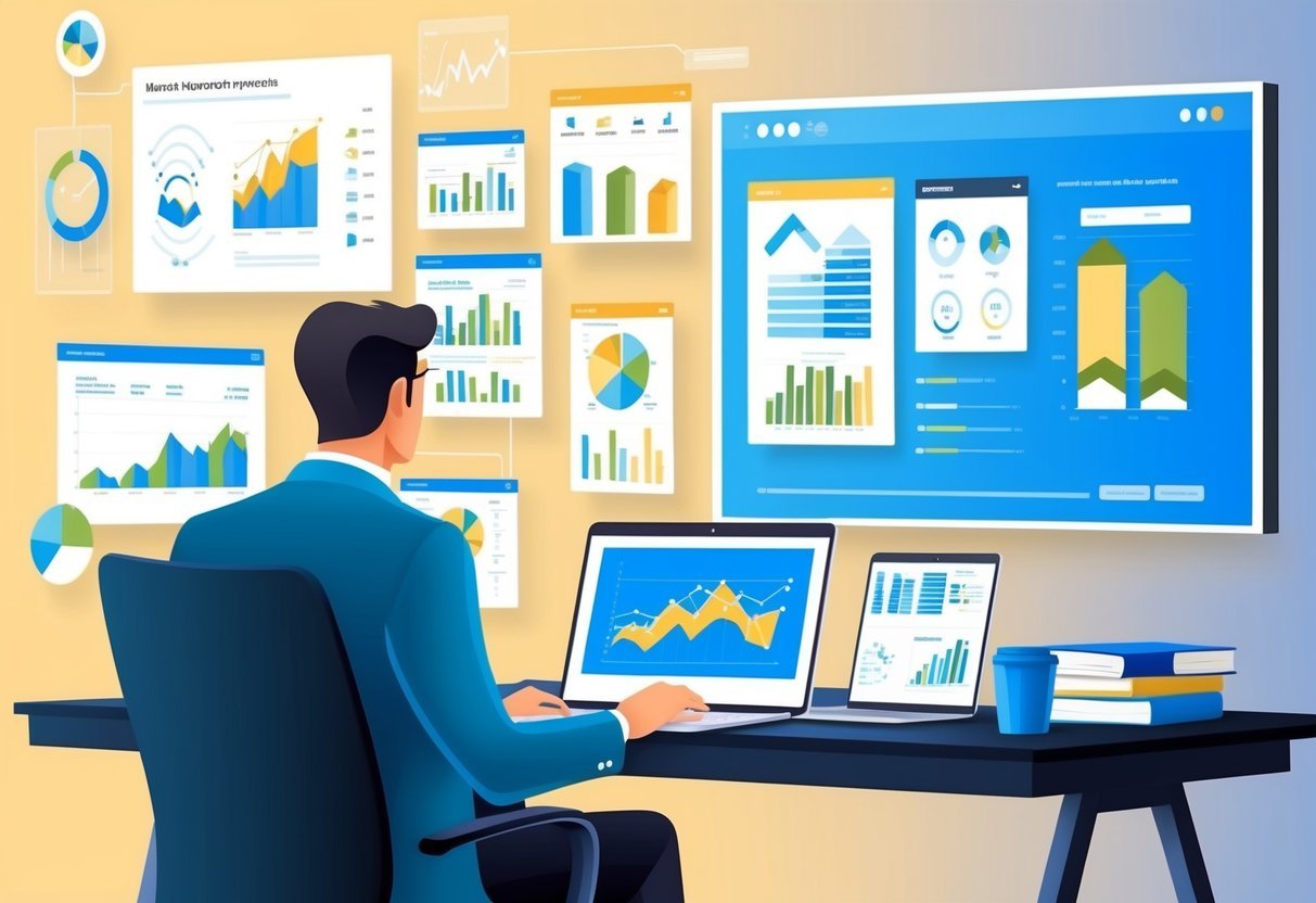 An investor sits at a desk with a laptop, surrounded by charts, graphs, and maps of real estate data.</p><p>They use market research tools to analyze property trends