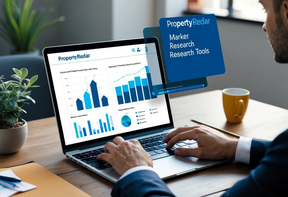 A real estate investor using PropertyRadar’s market research tools on a laptop at a desk with charts and graphs on the screen