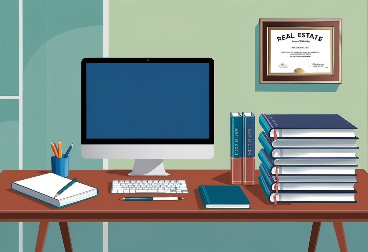 A desk with a computer, notebook, and pen.</p><p>A stack of real estate books and a framed certificate hang on the wall