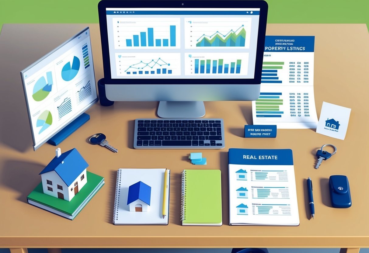 A desk with a computer, charts, graphs, and a notebook surrounded by real estate-related items such as a house model, keychain, and property listings