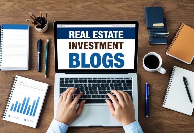 Laptop with "Real Estate Investment Blogs" on screen, surrounded by office supplies