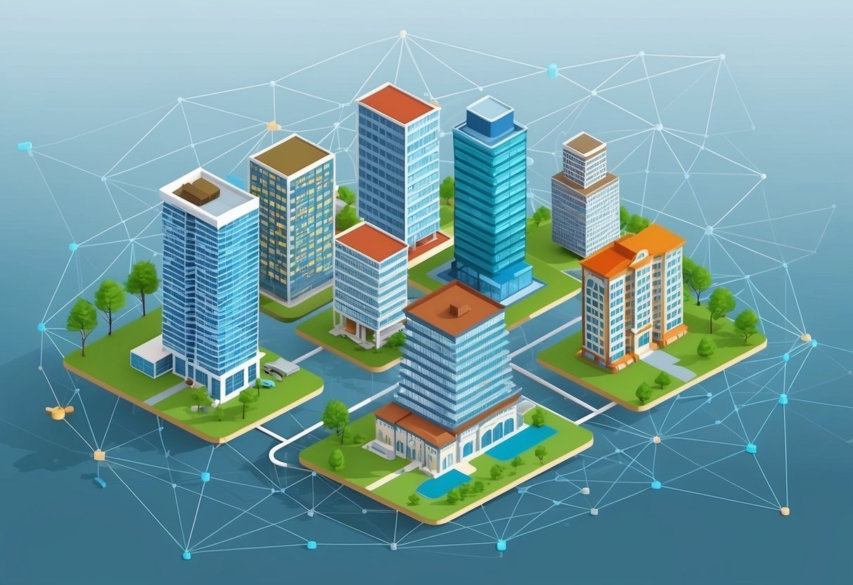 A group of diverse buildings and properties, representing different types of real estate investments, surrounded by a digital network of interconnected lines and nodes