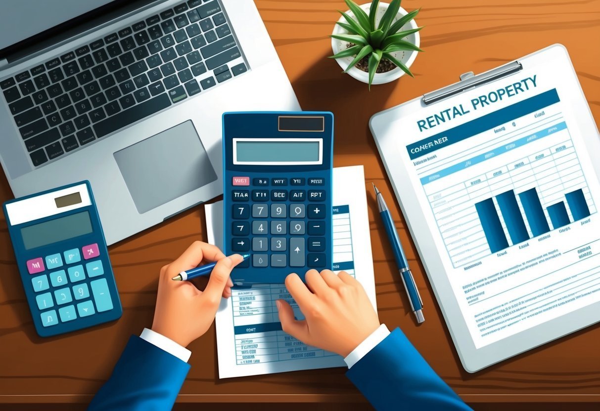 Person calculating rental property expenses with a calculator and laptop