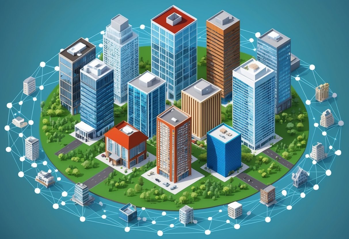 A group of diverse buildings representing various types of real estate surrounded by a network of interconnected online communities