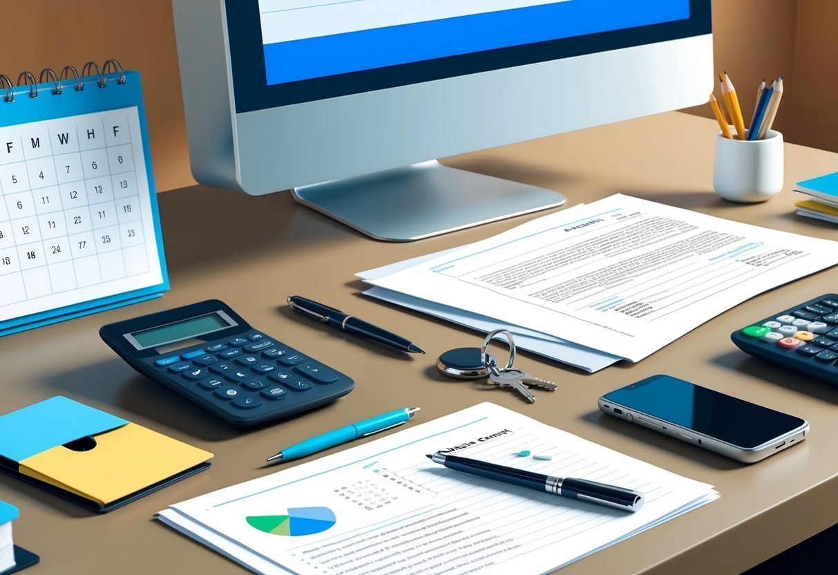 Desk with computer, calendar, calculator, papers, pens, and a phone