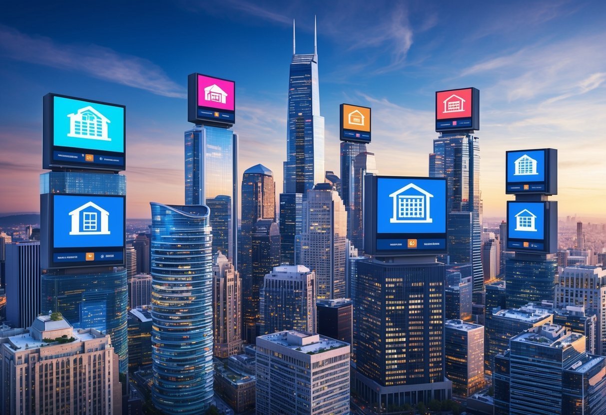 City skyline with digital screens displaying house icons