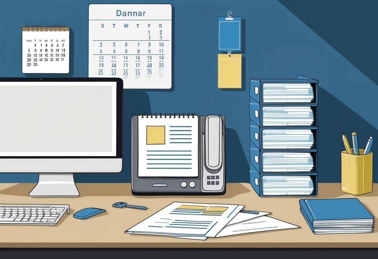 A desk with a computer, phone, and paperwork.</p><p>A calendar on the wall, and a stack of files.</p><p>A key and a pen on the desk