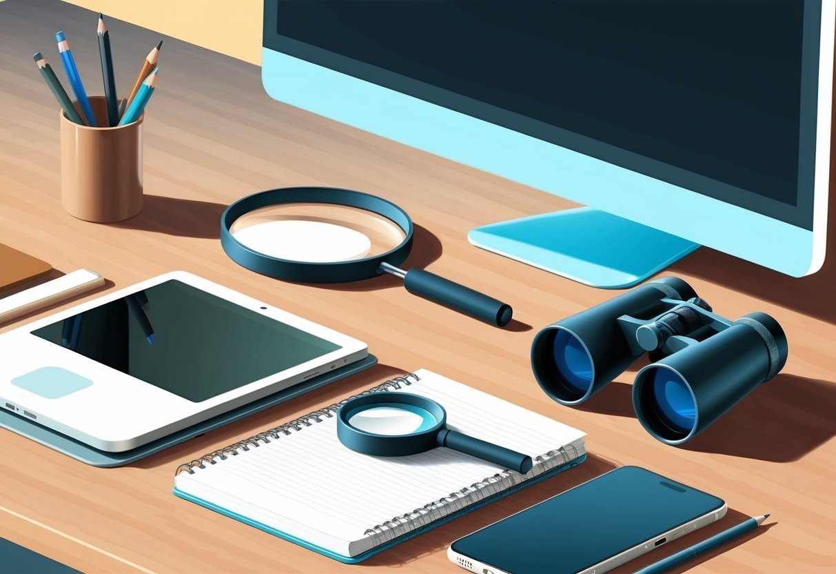 Desk with computer, magnifying glasses, binoculars, tablet, and notebook