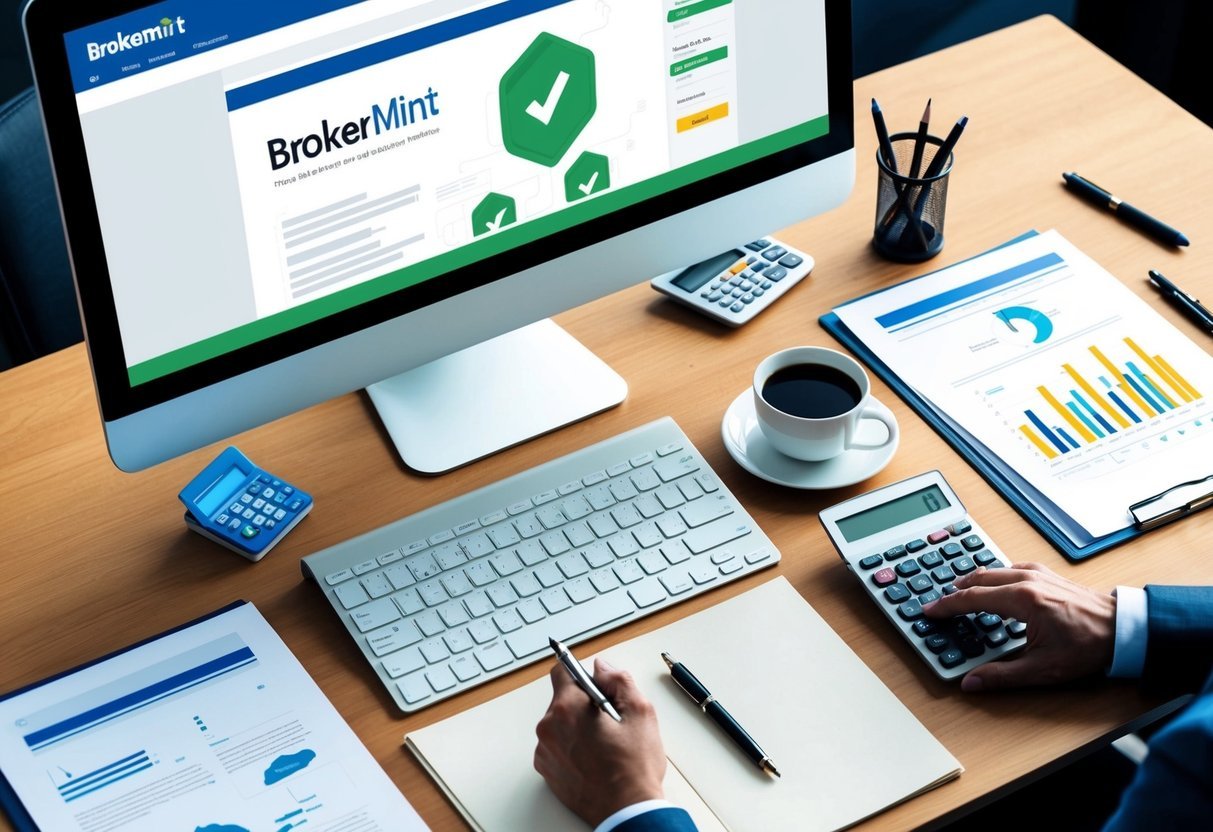 A desk with a computer displaying BrokerMint's website, surrounded by paperwork, a pen, a calculator, and a cup of coffee