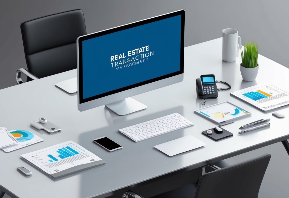 A sleek modern office desk with a computer, phone, and various real estate transaction management tools scattered across the surface