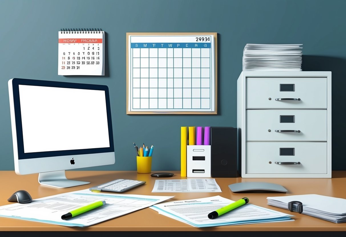 A desk with a computer, phone, and paperwork.</p><p>A calendar on the wall.</p><p>A filing cabinet and a stack of files.</p><p>A pen and highlighter