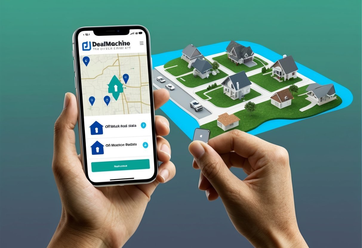 A hand holding a smartphone with the DealMachine app open, showing a map with various properties marked for off-market real estate deals