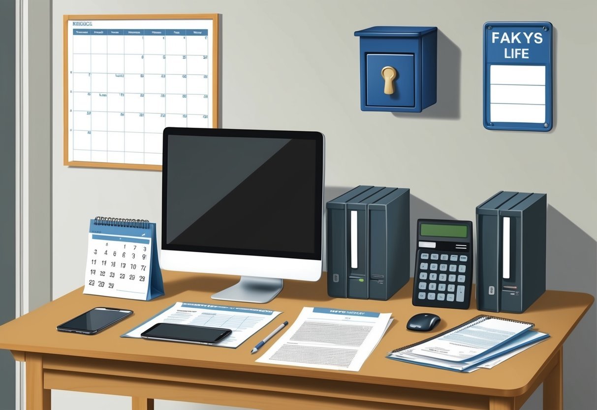 A desk with a computer, phone, and paperwork.</p><p>A calendar and calculator sit nearby.</p><p>A key box and sign are on the wall