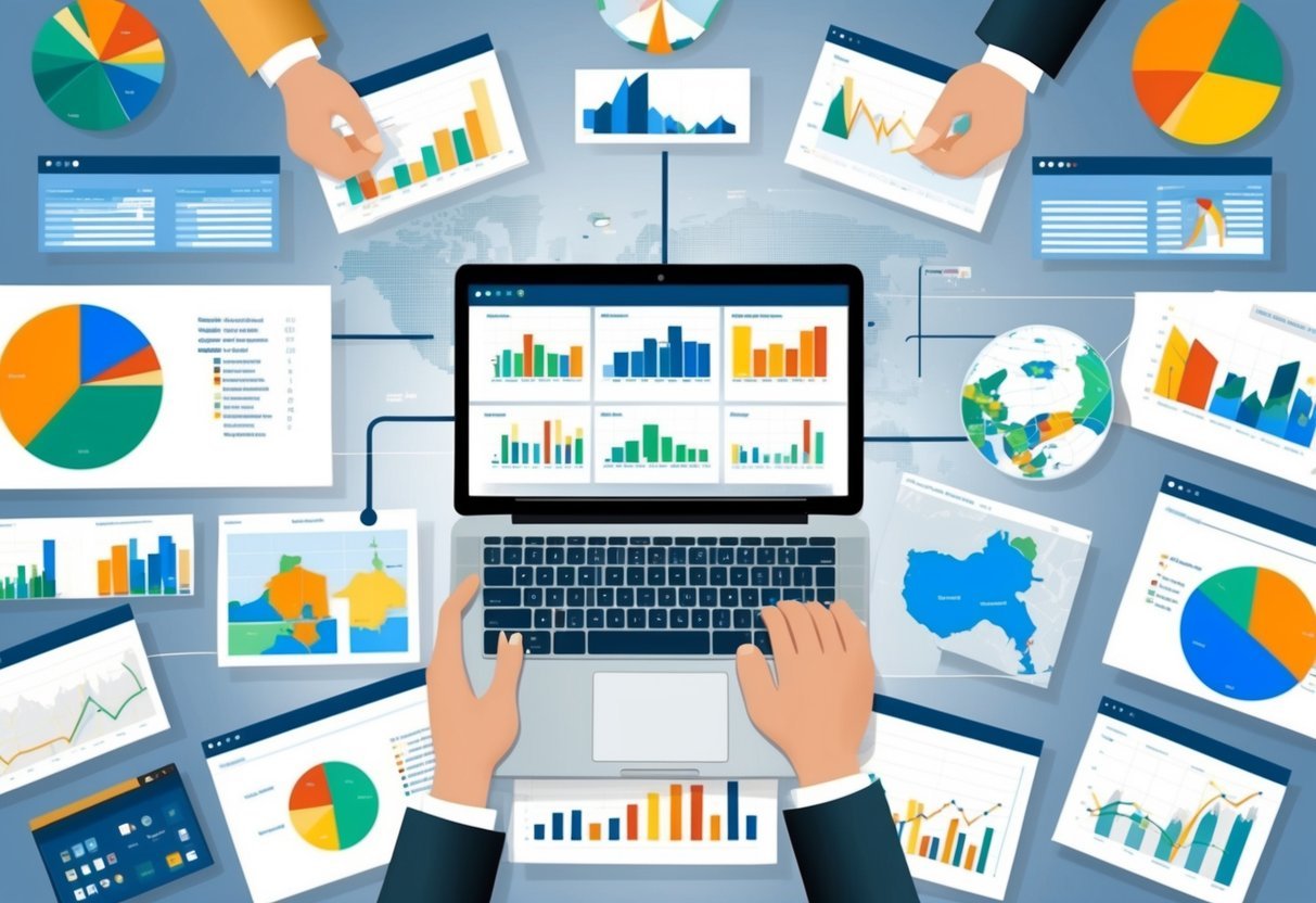 A laptop surrounded by charts, graphs, and maps, displaying real estate market data platforms