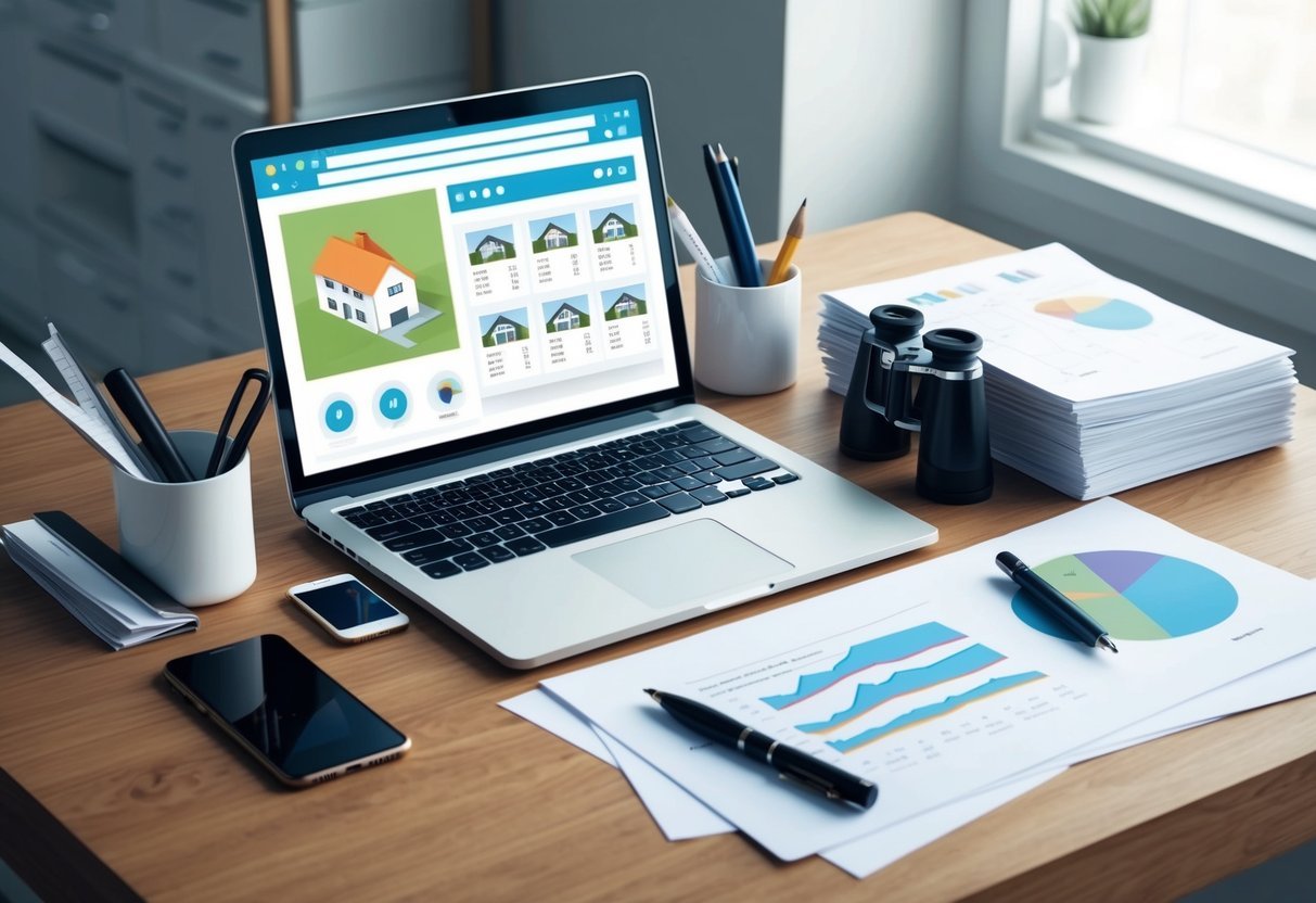 A desk with a laptop, phone, map, binoculars, and a stack of papers.</p><p>The laptop shows real estate listings, while the phone is ringing