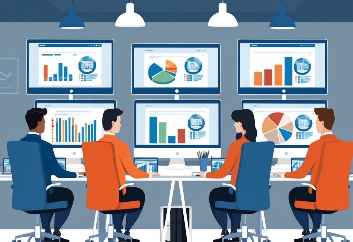 A modern office with 10 computer screens displaying real estate market data platforms