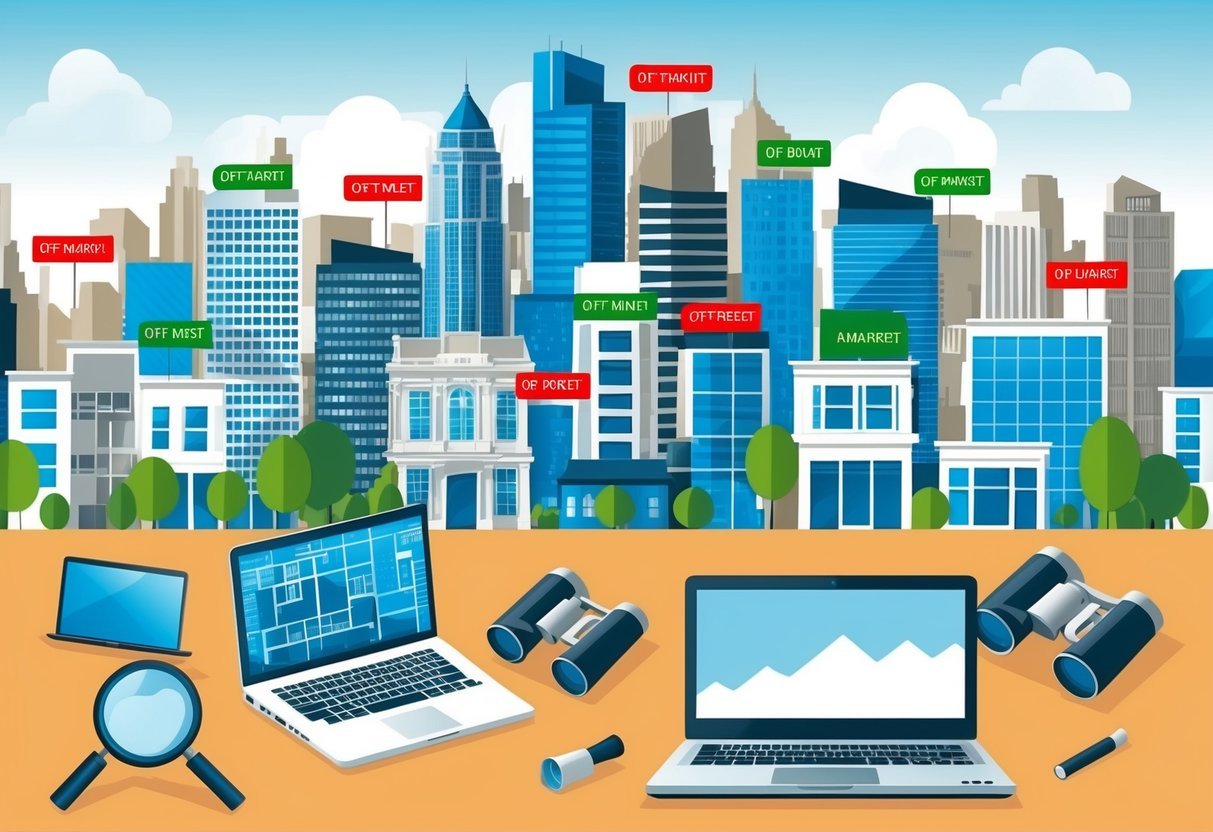 A bustling city skyline with various buildings and properties, some marked with "off-market" indicators.</p><p>A magnifying glass, binoculars, and a laptop are scattered around