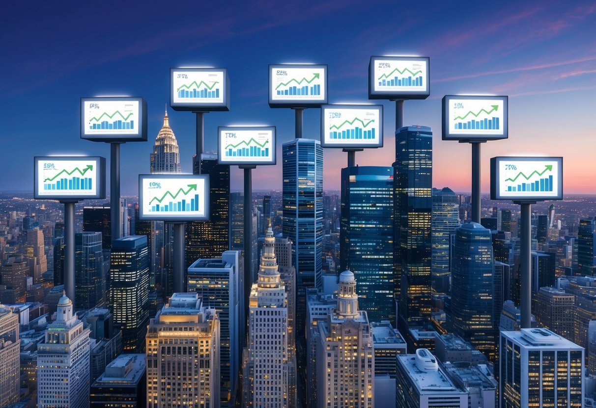 A bustling city skyline with ten illuminated digital screens displaying real estate market data and graphs