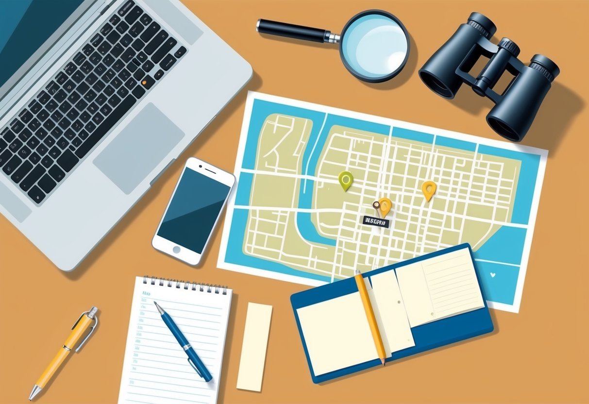 A desk with a laptop, phone, notepad, and pen.</p><p>A map of a city with marked locations.</p><p>A magnifying glass and binoculars on the desk