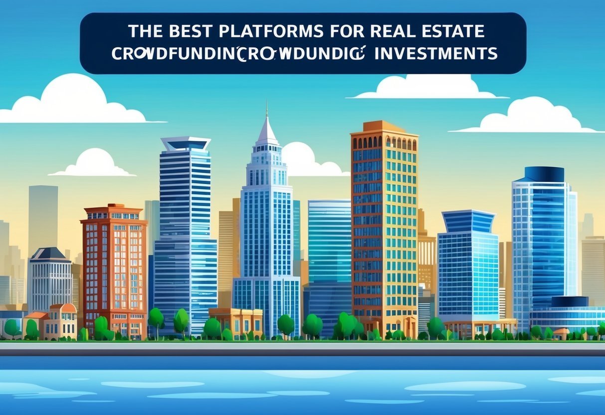 City skyline with skyscrapers, water, and text about real estate crowdfunding